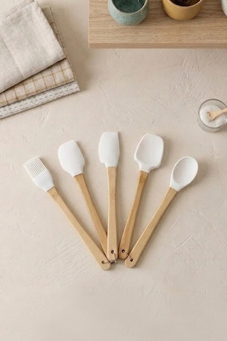 4'lü Silikon Ve Akasya Saplı Mutfak Gereçleri Seti-spatula,fırça Servis Maşa Seti Krem