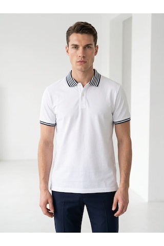 Giyim Dünyası Erkek Yaka Çizgili Polo Yaka Kısa Kol Tshirt Beyaz