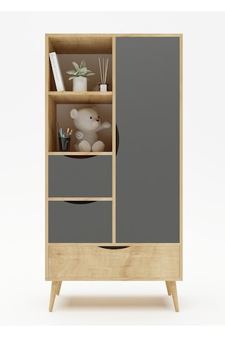Floradesign Mangoo Elbise Dolabı Gardırop /elbise Dolabı Açık Raflı Tek Kapaklı Dolap Meşe/ Antrasit