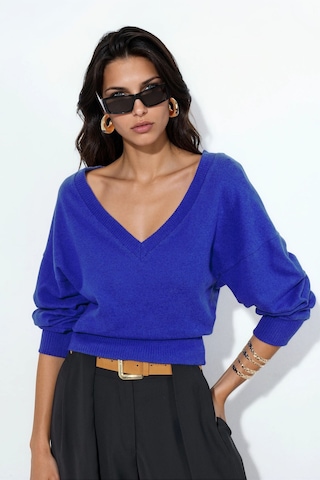Hiccup Busem Kadın Kısa V Yaka Sweatshirt Kobalt Mavisi