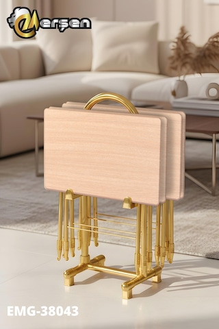 Eranş Serisi 4'lü Katlanır Mdf Mebran Ahşap Çanta Zigon Sehpa Gold Ayak Krem Ahşap Desen Gold Ayak