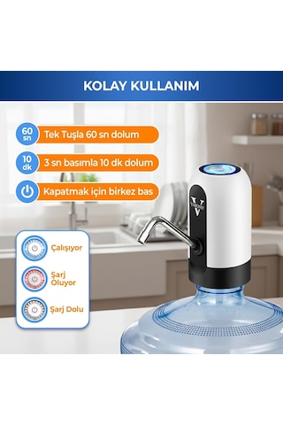 Vayomy 4 W Şarjlı Otomatik Damacana Su Pompası 1200 Mah Bataryalı, Bpa İçermez, Ce Belgeli Su Dispenseri Beya
