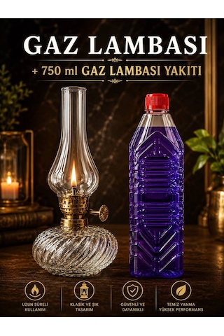 Cam Gaz Lambası 750 Ml Gaz Lambası Yakıtı Hediyeli Nostaljik Aydınlatma Şeffaf
