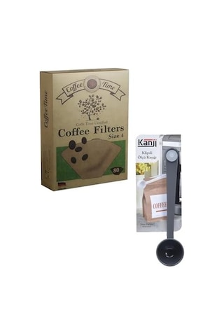 Time Filtre Kahve Kağıdı 1/4 4 Numara 80'li Paket + Kanji Klipsli Çay Kahve Ölçü Kaşığı - Gri Çelik