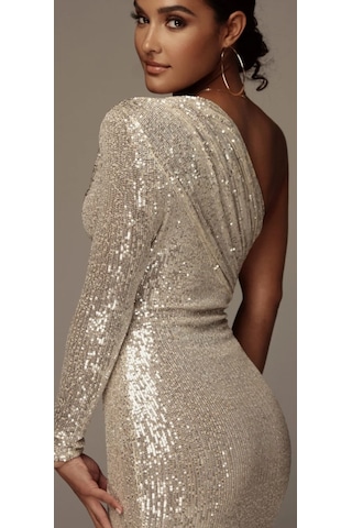 Hanife Glam Couture Hanife Glam Pulpayet Işlemeli Tek Kollu Midi Elbise Gümüş