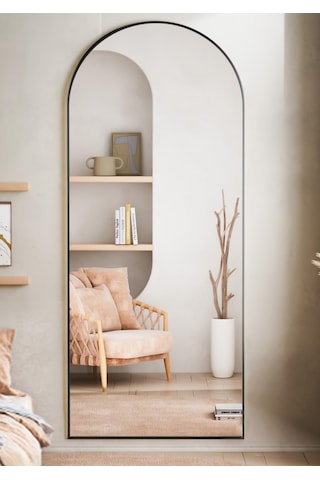 Zer 180x66 Kemerli Zemin Aynası,tam Boy Aynalı Duvar Aynası, Yatak Odası, Giyinme Odası İçin Standlı Siyah