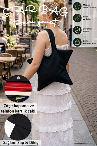 Tuttobene Star Bag Yıldız Çanta Çıtçıtlı İç Cepli Özel Tasarım Omuz Çantası Su Geçirmez Leke Tutmaz Tb052 Siyah