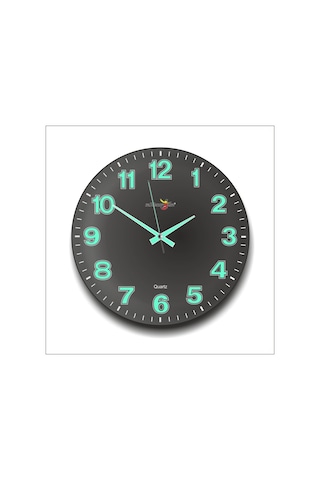 Siyah Zeminli Bombe Camlı Gece Parlayan Fosforlu 35Cm Duvar Saati Siyah