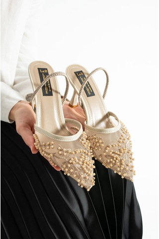 Lebibe Shoes Meggıe Kadın Bej Sivri Burun 7 Cm Topuklu Tül Üzerine İnci İşlemeli Slingback Ayakkabı