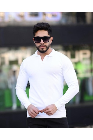 Classics Men Gewer Polo Yaka Uzun Kol Erkek Örme Triko-7152 Beyaz
