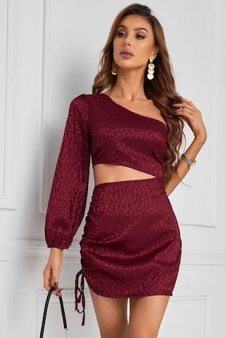 Fashion Cocktail Bel Dekolteli Tek Kol Gece Elbisesi Şarap Kırmızı Bordo