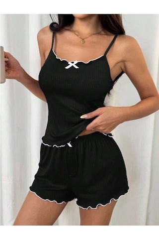 İkikareshop Siyah Beyaz Kurdelalı Askılı Şortlu Pijama Takımı Çok Renkli