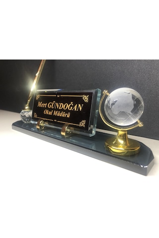Cam Masa İsimliği Masaüstü Kişiye Özel Füme Gold Yazı Seti