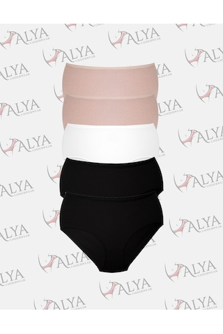 Alya Underwear Kadın Büyük Beden Külot Battal Full Brief, Yüksek Bel 5xl, 6xl, 7xl 5 Farklı Renk 1 Pakette Siyah-Beyaz-Ten