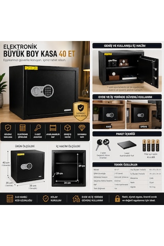 Elektronik Büyük Boy Kasa 40 Et Çelik Şifreli Kasa 40x35x35 Cm 2 Anahtar 4 Çelik Dübel