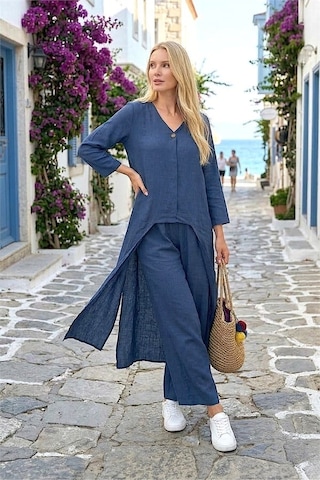 Genel Lacivert Tunik Pantolon Keten İkili Takım