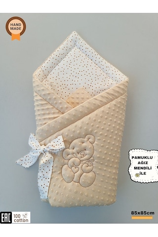 Nohut Bebek Battaniyesi & Kundağı Ayıcık İşlemeli Hastane Çıkışı Yenidoğan Örtü / Yorgan Bej