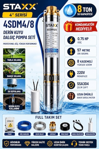 Staxx 4sdm4/8220 Derin Kuyu Kalem Dalgıç Pompa Seti 57 Mt Dik 220v Çelik Şaft Bahçe Tarla Sulama