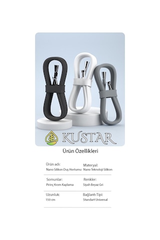 Kustar Nano Silikon Patlamaz Yırtılmaz Ezilmez Duş Hortumu 150 Cm Siyah Banyo Duş Hortumu Gri