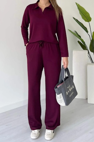 Balenbi Kadın Modal Kumaş Polo Yaka Uzun Kollu Takım 1126 Bordo