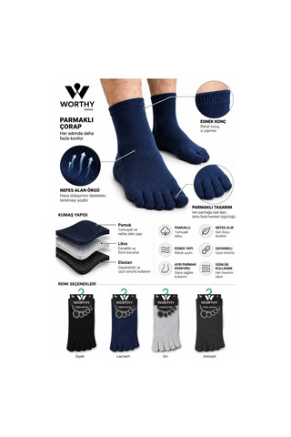 Worthy Socks 4 Çift Unisex Bambu Parmak Çorap Mantar Önleyici Ter Emici 4' Lü Çok Renkli
