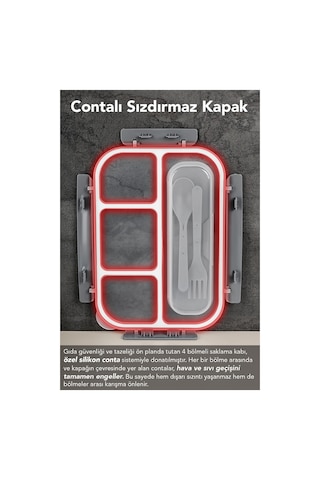 Sızdırmaz Contalı Yemek Kabı - 4 Bölmeli Çatal Kaşıklı Diyet Beslenme Kutusu Lunch Box Gri Gri