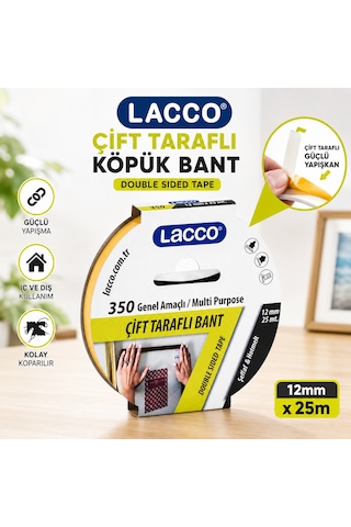 Lacco Çift Taraflı Köpük Bant 12 Mm X 25 M Güçlü Yapışkanlı Montaj Bandı Çok Amaçlı Beyaz 1 Adet