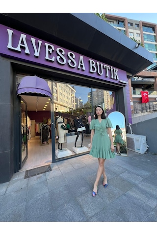 Lavessa Keten V Yaka Mini Elbise - Yeşil Renk-85