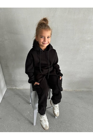 Üç İplik Kapüşonlu Şardonlu Takım Beyaz - Turuncu