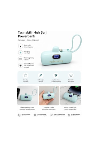 Rainvolt Mini Kapsül Powerbank Led Dijital Göstergeli & Dahili Kablolu Taşınabilir Şarj Cihazı Yeşil