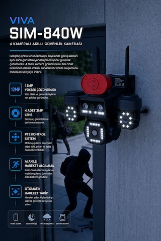 Sım-840w 4 Kameralı Akıllı Güvenlik Kamerası 12mp Wifi Ptz Aı Hareket Takipli Renkli Gece Görüşlü Dış Mekan Ip Kamera