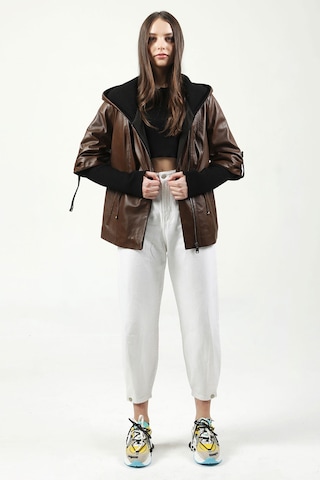 Dericlub Larissa Kadın Kapüşonlu Hakiki Deri Kaban Camel Antik Null Camel