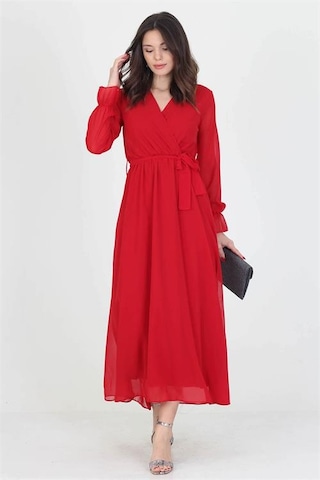 Neşeli Butik Kadın Yeni Sezon Astarlı Kruvaze Yaka Uzun Şifon Elbise Nb003 Kırmızı