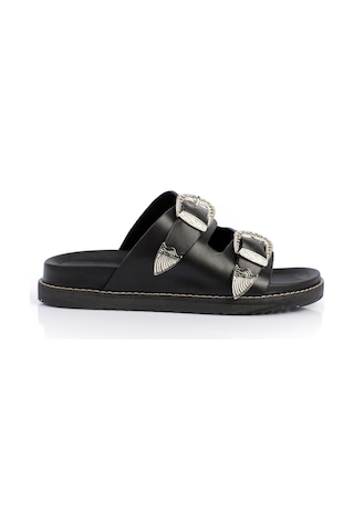 Shoetek Lanice Kadın Terlik Çift Bantlı Tokalı Siyah Deri Siyah Cilt Siyah