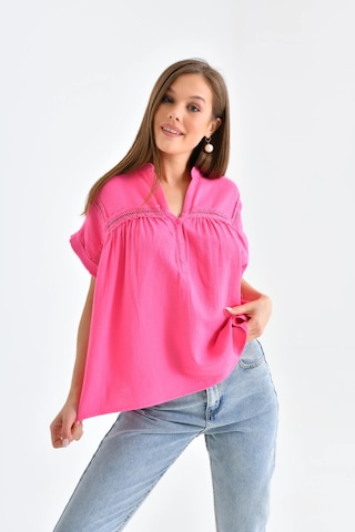 Dantel Detay Kısa Dokuma Bluz FUŞYA