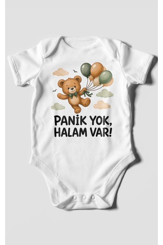 Morivokids Panik Yok, Halam Var Kısa Kollu Bebek Body %100 Pamuk Beyaz