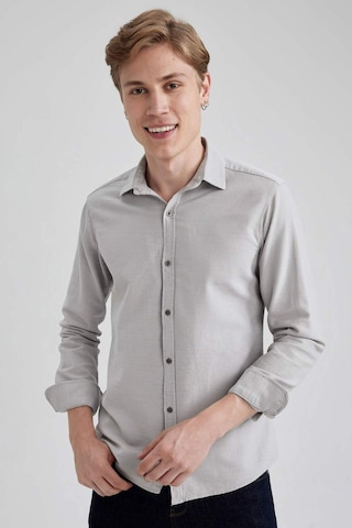 Defacto Slim Fit Dar Kesim Pamuklu Basic Düz Uzun Kollu Gömlek A4644AX23AUGR91 Gri