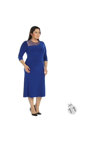 4089Sx-Nidya Moda Büyük Beden Sandy Elbise Saks Mavi
