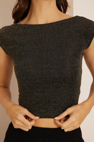 Darlin Moda Kadın Siyah Gold Simli Sırt Dekolteli Crop Bluz Dm8001 Siyah