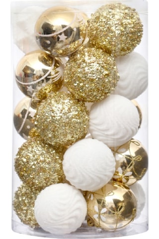 Vkemall 25 Adet 6cm Boyalı Noel Topu Seti - Noel Ağacı Süsleri, Şampanya Altın + Beyaz Renkli, Festivite Atmosferi Oluşturucu