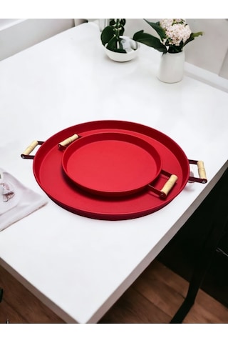 2'li Ahşap Kulplu 45 Cm Kırmızı Metal Tepsi Ve 37 Cm Kırmızı Kahve Sunum Tepsisi Kırmızı
