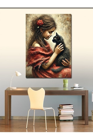 Kanvas Tablo Kara Kedi Ve Kız Çocuğu 70cmx100cm