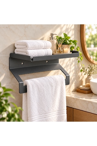 Metal Raflı Havluluk 40 Cm Duvar Tipi Havlu Askısı Antrasit - Gri