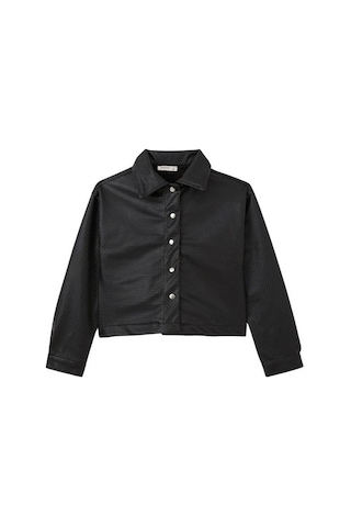 Kız Çocuk Kabartma Desenli Çıtçıtlı Deri Ceket-15247 Siyah