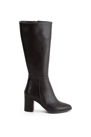 Kadın Topuklu Çizme Kahve Suni Deri Sivri Burun-4208 Kahve