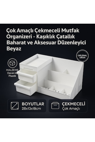 Çok Amaçlı Çekmeceli Mutfak Organizeri - Kaşıklık Çatallık Baharat Ve Aksesuar Düzenleyici Beyaz