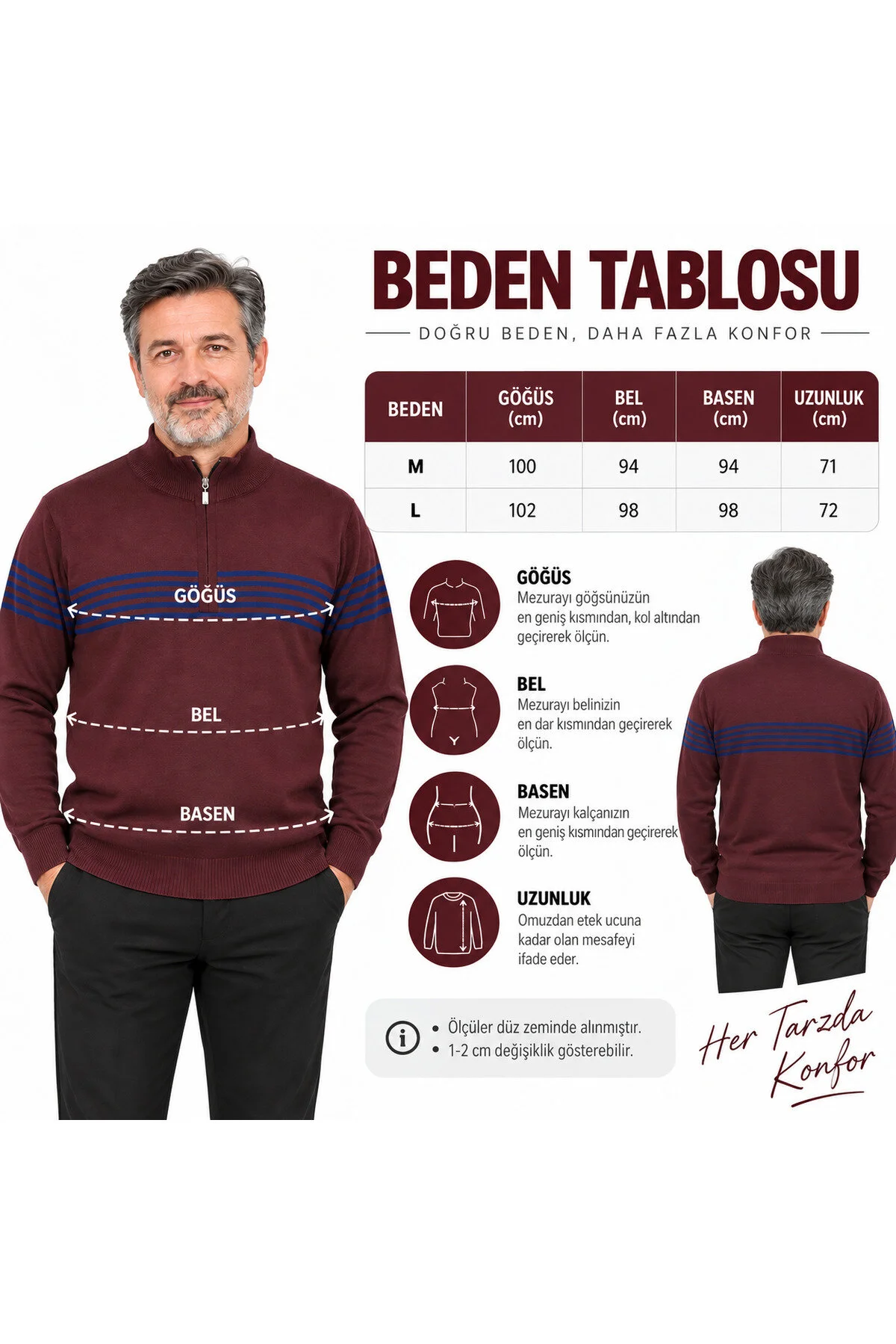 Neco Giyim Erkek Baba Kazağı Çizgili Polo Yaka Fermuarlı Triko Kazak Saks Mavi Saks Mavi - Siyah