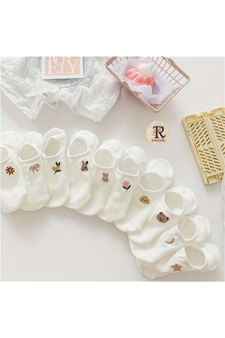 Trampler Çiçekli Hayvan Desenli Görünmez Kadın Babet Çorap 10'lu Beyaz Krem