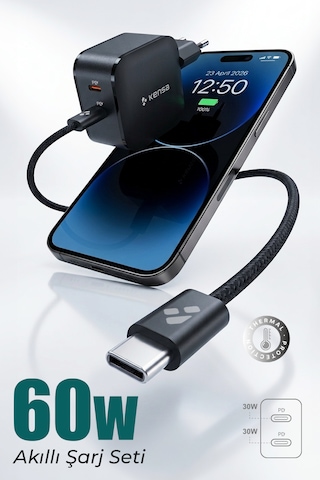 60w Çift Portlu Usb-c Girişli Akıllı Hızlı Şarj Adaptör Kablo Seti - Pd Ve Qc Destekli