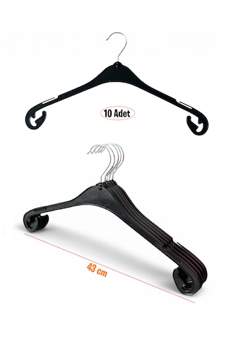 Bluz Askısı, Elbise Askısı, Tişört Askısı, Tunik Askısı, Gömlek Askısı, Siyah Renk, 43 Cm, 10 Adet Siyah Mat